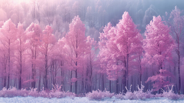 Serene winter forest with frosted pink trees under soft sunlight