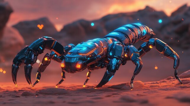Cybernetic Scorpion in Alien Desert at Sunset