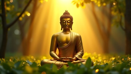 Obraz premium Golden Buddha Meditating Under Sacred Bodhi Tree with Divine Light
