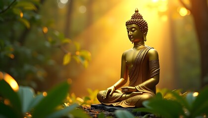 Obraz premium Golden Buddha Meditating Under Sacred Bodhi Tree with Divine Light