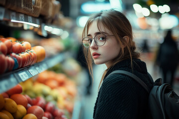 Obraz premium Young woman with glasses shopping for fresh produce at grocery store girl food real photo image daily