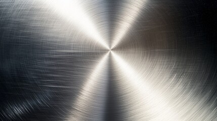 Brushed metal texture, silver-grey metallic background, satin-finished stainless steel texture, scratched shiny circular brushed surface, soft and diffused reflections, subtle metallic sheen.