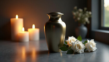 Obraz premium Modern cremation urn with white roses and candlelight in dim room