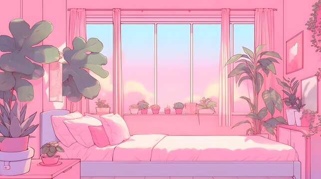 Illustrated bedroom scene with a pink color scheme. Features a bed, window with plants, curtains, and more plants throughout the room. Sky with pastel clouds visible through the window.