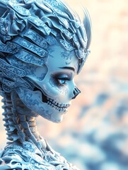 A rendering of a humanoid figure with skeletal features in icy blue. The head has an ornate, layered structure. The eyes are blue, with an out-of-focus light background.