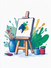 Wooden easel with paintbrushes and paint jars ready for painting