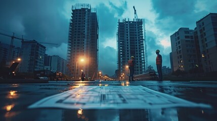Obraz premium Night Construction Site: Workers Contemplating Blueprints Under City Skyline