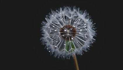 Artistic close-up of a dandelion seed head, covered in sparkling water droplets against a dark moody background
