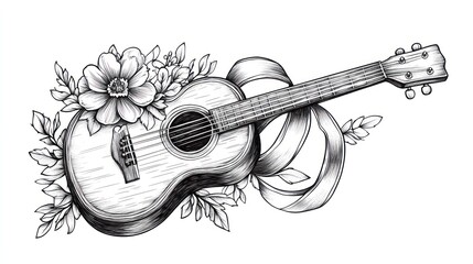 Acoustic guitar with flowers, ribbon, white background; design element