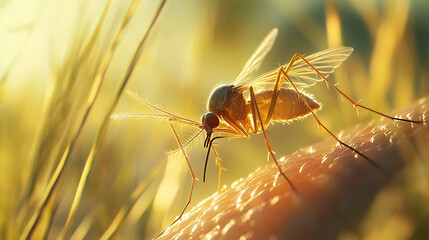 Close-up of mosquito on human skin, illuminated by warm sunlight, showcasing detailed texture of insect and skin, representing nature's detail and potential threat