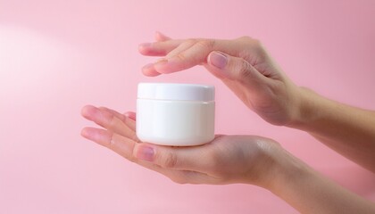 hands gently holding a small white jar, as if presenting or protecting it, against a pastel pink backdrop