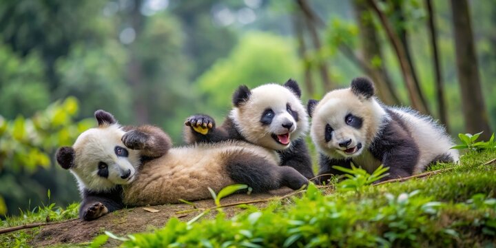 Three playful panda cubs frolicking amidst lush green vegetation, exhibiting adorable expressions and charming interactions.
