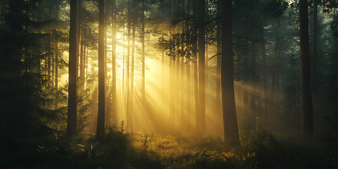 Fototapeta premium Golden Sunlight Filtering Through Tall Pine Trees in a Peaceful Forest for a Serene Escape