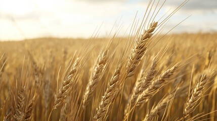 Fototapeta premium A close-up of golden wheat stalks swaying in the breeze, with detailed grains and textures, capturing the beauty and depth of nature during the harvest season, set against a blurred expansive field. 