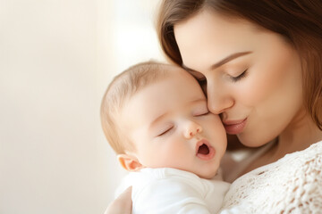 Tender moment between mother and newborn baby yawning in a close embrace capturing love and bonding