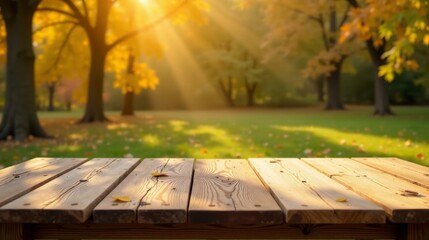 Golden Sunlight Dappling a Rustic Wooden Picnic Table in a Serene Autumnal Park Setting