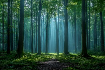 Sunlight Streaks Through Tall Trees Creating An Enchanting Forest Scene