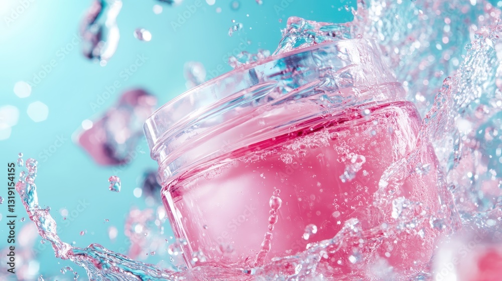 Poster this image features a vibrant pink cream jar surrounded by splashes of water, creating a refreshing 