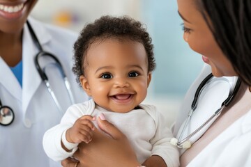 Loving care: close up of african mother holding happy baby at pediatric appointment