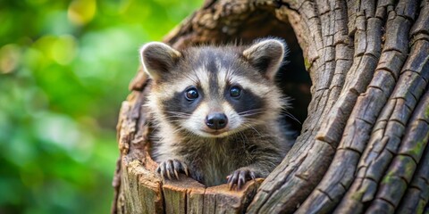 Obraz premium A Curious Baby Raccoon Peeking from its Tree Trunk Home in a Lush Green Forest