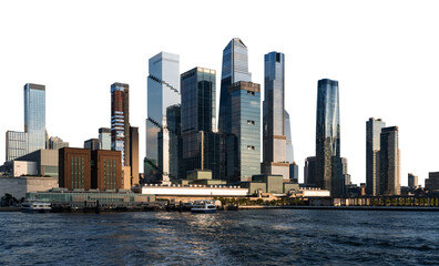 Obraz premium Manhattan cityscape featuring modern skyscrapers isolated on a white background, viewed from across the water. Ideal for design and creative projects