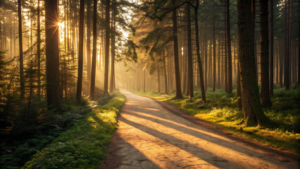 Enchanted forest path. serene forest path illuminated by golden hour light, surrounded by tall trees and soft shadows