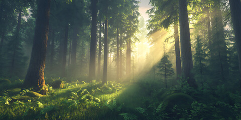 Lush Rainforest with Towering Trees and Sun Rays Piercing Through for a Majestic Nature Scene