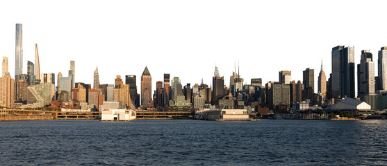 New York City skyline with modern skyscrapers and waterfront, isolated on a white background....