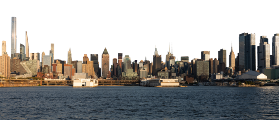 New York City skyline with modern skyscrapers and waterfront, isolated on a white background. Manhattan cityscape cutout for creative design or template use