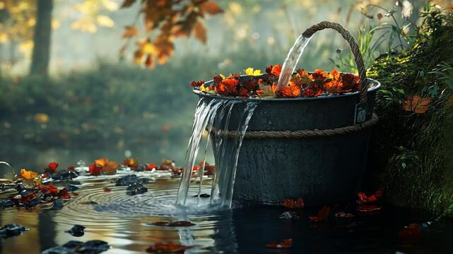 Autumnal Still Life: Water Flowing from Leaf-Filled Bucket into Woodland Stream