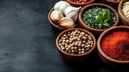 This image highlights an elegant arrangement of various herbs and spices in wooden bowls, alongside fresh garlic, creating a rich visual appeal for culinary enthusiasts.
