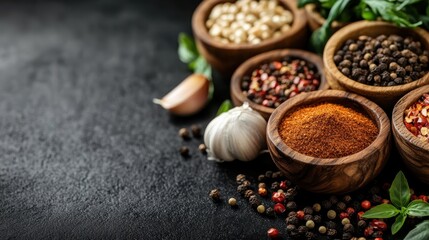 Fototapeta premium The dynamic interplay of colors represented by spices and garlic in wooden bowls against a dark backdrop, embodying culinary creativity and rich flavors.
