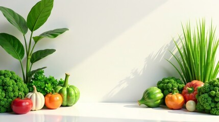 Vibrant Autumnal Harvest Display Featuring Fresh Produce and Lush Greenery Against a Clean White Background