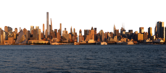 NYC skyline at sunset with modern skyscrapers and waterfront, isolated on white background. Manhattan cityscape template for creative design projects