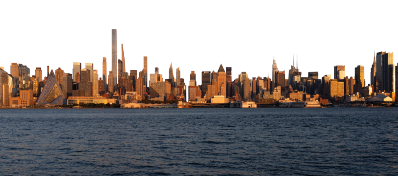 NYC skyline at sunset with modern skyscrapers and waterfront, isolated on white background. Manhattan cityscape template for creative design projects