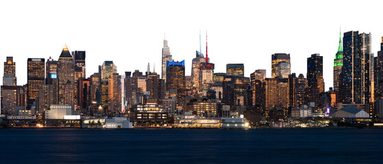 NYC skyline at night with glowing skyscrapers, isolated on a white background. Manhattan cityscape...
