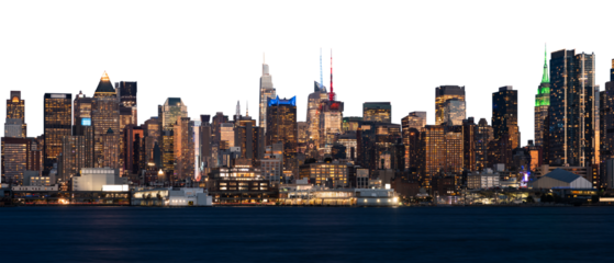 NYC skyline at night with glowing skyscrapers, isolated on a white background. Manhattan cityscape lights reflecting on water, modern urban architecture