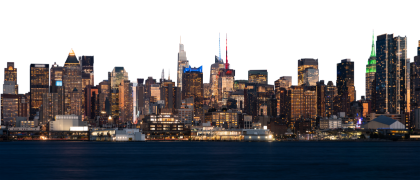 NYC skyline at night with glowing skyscrapers, isolated on a white background. Manhattan cityscape lights reflecting on water, modern urban architecture - Powered by Adobe