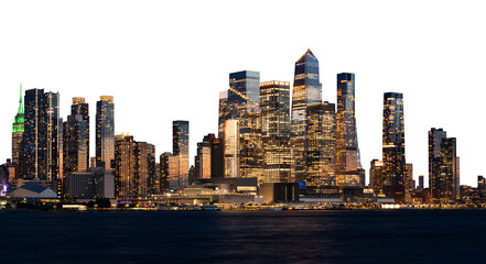 Obraz premium NYC skyline at night with glowing skyscrapers, isolated on white background. Manhattan cityscape featuring modern high-rises and urban architecture