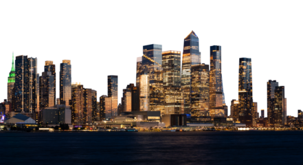 NYC skyline at night with glowing skyscrapers, isolated on white background. Manhattan cityscape featuring modern high-rises and urban architecture
