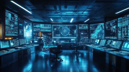 Fototapeta premium Futuristic surveillance center with numerous high-tech monitors displaying complex data visualizations