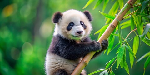 Adorable Baby Panda Cub Clinging to Bamboo Stem in Lush Green Foliage