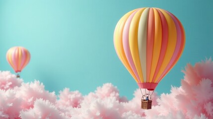 Fototapeta premium A whimsical journey above pastel cloudscapes in a vibrant hot air balloon, a delightful escape into serene skies