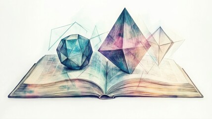 Watercolor illustration of geometric shapes in an open math textbook Generative AI