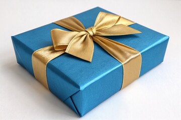 Obraz premium Elegant blue gift box with gold ribbon bow on white background, luxury present for special occasions