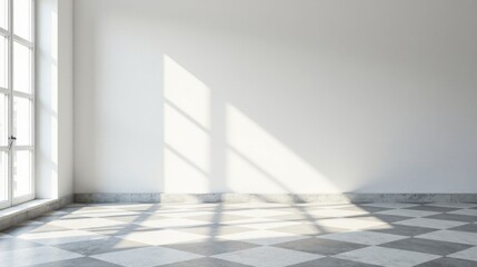 Obraz premium Sunlit Empty Room with Checkerboard Floor and White Walls Ideal for Interior Design Presentations