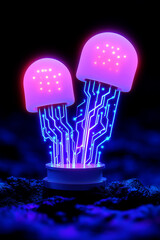 Neon cyber mushroom with glowing circuitry. Futuristic biotech mushroom, cybernetic evolution. Artificial life and digital organisms