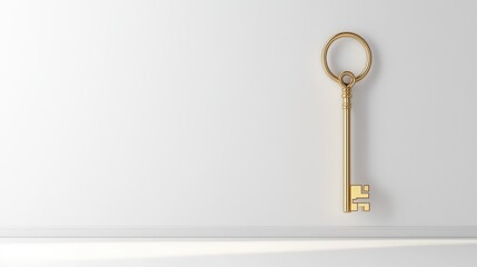 Vintage Golden Key Hanging on a Minimalist White Wall