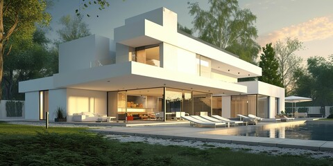 A large white house with a pool and a patio