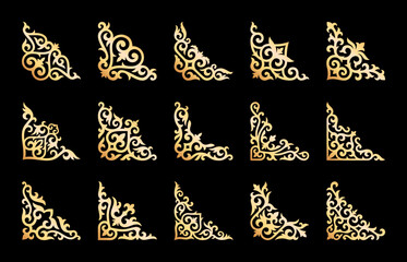 Vector Set of different gold ornaments in Kazakh style isolated on a black background. Oriental corner decor, floral designs. Elements of the national pattern of the ancient nomads
